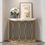 Table console en m�tal - 110 � 35 � 80cm - table console demi - cercle ? plateau de table imitation marbre ...