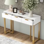 Table console moderne avec 3 tiroirs, coiffeuse, 120x36x80cm, blanc + or