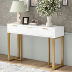 Table console salon avec 3 tiroirs, meuble entr�e structure dor�e, repose - pieds r�glables et poign�es ...