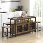 Costway - table de cuisine 4 personnes, ensemble table  manger avec banc et 2 tabourets, ilot cuisine ...