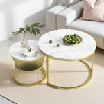Table gigogne 2 pi�ces, table basse extensible, ronde, moderne, motif marbre, avec structure en m�tal, ...