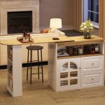 Table haute et meuble bar pivotant 360 blanc avec 2 tiroirs, tagre snack et rangement ouvert, design ...