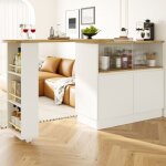 Table haute et meuble bar rotatif 360° blanc 90x45x100cm avec rangement et porte verre coulissante, buffet ... Table haute et meuble bar rotatif 360° blanc 90x45x100cm avec rangement et porte verre coulissante, buffet ...