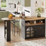 Table haute et meuble bar rotatif 360 noir avec 2 tiroirs, tagre snack et rangement ouvert, design ...