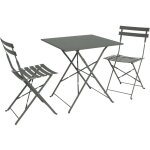 Table de jardin bistrot pliante mtal + 2 assises kaki 70 x 70cm, acier thermolaqu