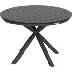 Table de jardin ronde 4 personnes dia. 118 cm pi�tement alu plateau lattes effet bois teck noir