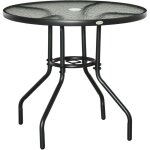 Table de jardin ronde dia. 80 x 72h cm - espace central parasol - m�tal noir plateau verre tremp� textur� ...