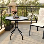 Table de jardin ronde en verre tremp� 70 cm table basse de patio avec cadre en m�tal robuste et trou ...