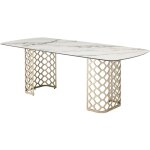 Table � manger 8 personnes en verre tremp� et c�ramique - effet marbre blanc et dor� - goldena