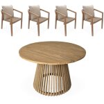 Table � manger bois d'acacia ronde. int�rieur / ext�rieur + 4 chaises en bois et corde bois / beige
