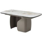 Table � manger extensible 6 � 10 personnes en c�ramique, verre tremp� et m�tal taupe - effet marbre blanc ...