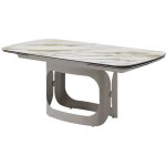 Table � manger extensible 6 � 10 personnes en c�ramique, verre tremp� et m�tal taupe - effet marbre blanc ...