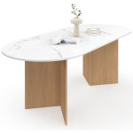 Table � manger extensible ovale marthe 6 - 10 personnes plateau marbre blanc alaska et bois fa�on h�tre ...