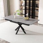 Table � manger extensible - pieds crois�s en fer forg� - plateau � motif de ciment - gris & noir