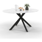 Table � manger extensible ronde alix 4 - 8 personnes pied araign�e noir plateau effet marbre blanc alaska ...