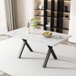 Table � manger avec pieds crois�s, table rectangulaire en fer forg�, structure en marbre, 140x80x76 cm, ...
