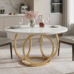 Table � manger ronde, 120 �75 cm, table de cuisine blanche pour 4, pied m�tallique dor�, blanc et or