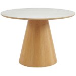 Table � manger ronde 4 personnes en c�ramique et placage fr�ne - effet marbre blanc et naturel clair ...