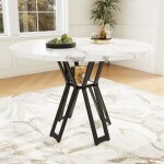 Table à manger ronde blanche 4 - 6 palces, plateau de table en mdf marbré avec pieds en métallique noirs, ... Table à manger ronde blanche 4 - 6 palces, plateau de table en mdf marbré avec pieds en métallique noirs, ...