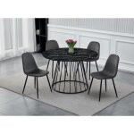 Table � manger ronde effet marbre noir pied en m�tal noir stella