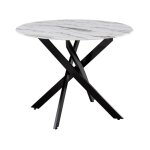 Homy france - table a manger ronde jessica black xxl verre effet marbr blanc 120 cm