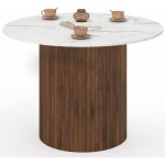 Table � manger ronde juliette 6 personnes pied central effet lattes noyer et plateau effet marbre blanc ...