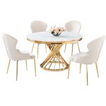 Table � manger ronde en verre tremp� effet marbre blanc gold - nautilus