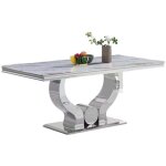 Table � manger verre marbr� blanc pied m�tal chrome 150x90 cm trofy
