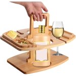 Table pique - nique bois portable, plateau fromages / apritifs, 2 porte - verres vin