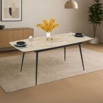 Table � rallonge effet marbre beige travertin avec pieds noirs 145x80x75h extensible � 185 yense