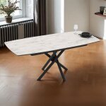 Table � rallonge avec plateau en marbre blanc et pieds en croix noirs 138 / 178x90x76h katrin