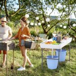 Table de refroidissement pliable de 151cm table ext�rieure avec double �vier jupe assortie et tuyau de ...