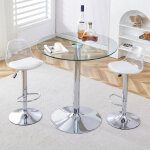 Table ronde avec 2 tabourets de bar r�glables 82 / 104 cm pivotants 360�, verre transparent, pieds m�tal ...
