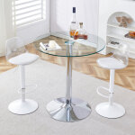 Table ronde avec 2 tabourets de bar r�glables 82 / 104 cm pivotants 360�, verre transparent, pieds m�tal ...