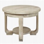 Table ronde en bois 60 cm, ch�ne clair avec �tag�re, style rustique