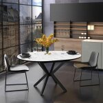 Table ronde � rallonge avec plateau effet marbre blanc mat et pieds noirs 126 cm - bagok