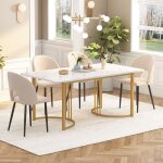 Table de salle � manger 140x80 cm - structure en m�tal, plateau en mdf blanc, table � manger en marbre, ...
