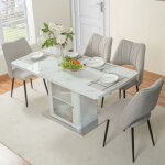 Table de salle � manger extensible 120 / 160x80x76 cm, plateau imprim� marbre, compartiment de rangement ...