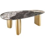 Table de salle � manger nera ? ovale 200 cm ? plateau marbre gris ? pieds m�tal or ? style chic