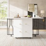 Table de salle  manger pliante avec plateau effet marbre, 6 roulettes (2 freines), grand compartiment ...