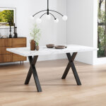 Table de salle � manger rectangulaire 140x80x76cm, � pieds en m�tal crois�s, plateau en mdf, blanc et ...