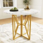 Table de salle  manger ronde 80x76cm, structure en mtal, plateau en mdf marbr avec pieds rglables, ...
