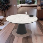 Table tournante � rallonge avec plateau effet marbre blanc mat et pi�tement m�tal noir 150x94x76h cm ...
