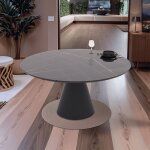 Table tournante � rallonge avec plateau effet marbre noir poli et base en m�tal noir 150x94x76h cm - ...