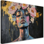 Tableau d�co abstrait portrait de femme avec fleurs 100x70