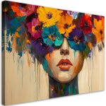 Tableau d�co art abstrait femme avec des fleurs sur la t�te 60x40
