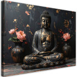 Tableau d�co bouddha zen spa fleurs sur fond noir 60x40