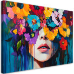 Tableau d�co femme avec des fleurs color�es sur la t�te 100x70
