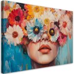 Tableau d�co femme avec des fleurs color�es sur la t�te 90x60