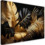 Tableau d�co feuilles de palmier monstera dor�es sur fond noir 60x40
